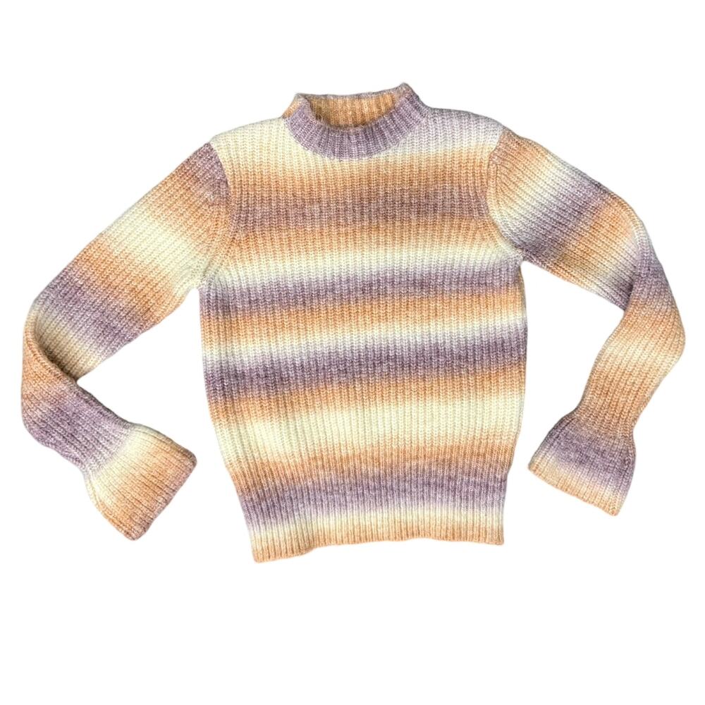 Greylin Anthropologie Orange Purple Flared Sleeve Striped Mock Neck Sweater sz M